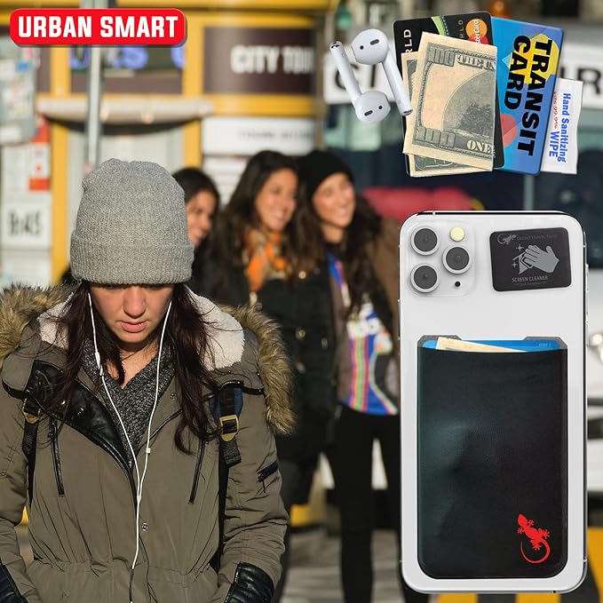 Phone Wallet - Adhesive Card Holder - Cell Phone Pouch - Stick on Lycra Pocket by Gecko - Carry Credit Cards and Cash