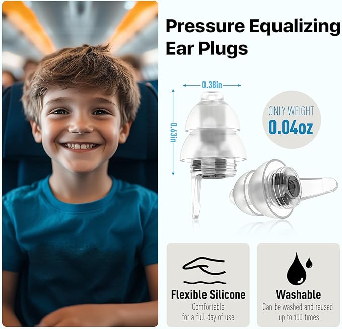 Kids Ear Plugs (6yrs +), Reusable Airplane Ear Pressure Relief Earplug for Child Adult with Small Ear-canals, Ear Protection for Focus, Travel, Anxiety Stress, School, 25 dB Noise Reduction