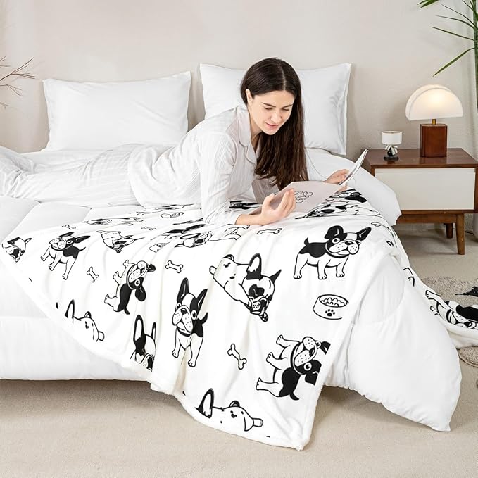 Cartoon Dogs Kids Throw Blanket,Bones Dogs Paws Cute Bed Blanket for Girls Boys Adults,Lovely Dogs Simple Style Fleece Blanket,Black White Chic Fuzzy Blanket,Twin Size (60 x 80 Inches)