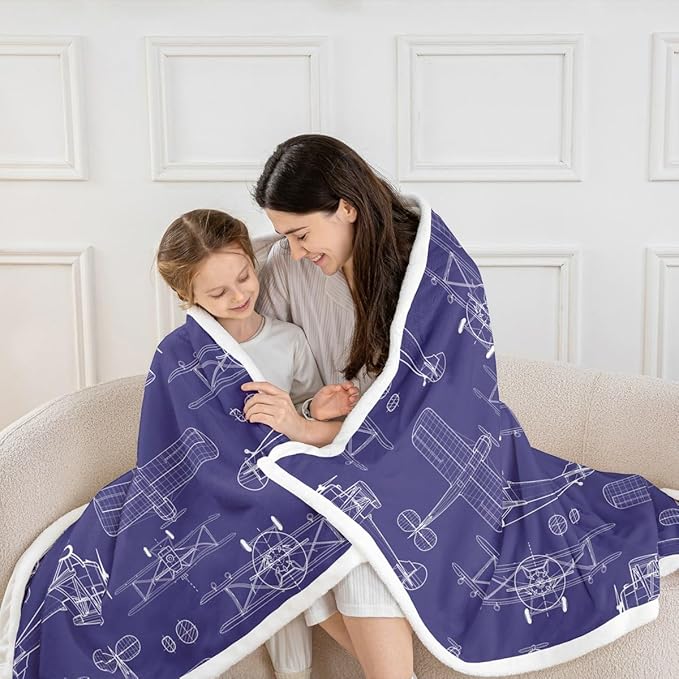 Hand-Painted Airplane Kids Throw Blanket,American Aircraft Toddler Bed Blanket for Girls Boys Adults,Air Vehicles Cartoon Fleece Blanket,Dark Blue Fuzzy Blanket,Queen Size (90 x 90 Inches)