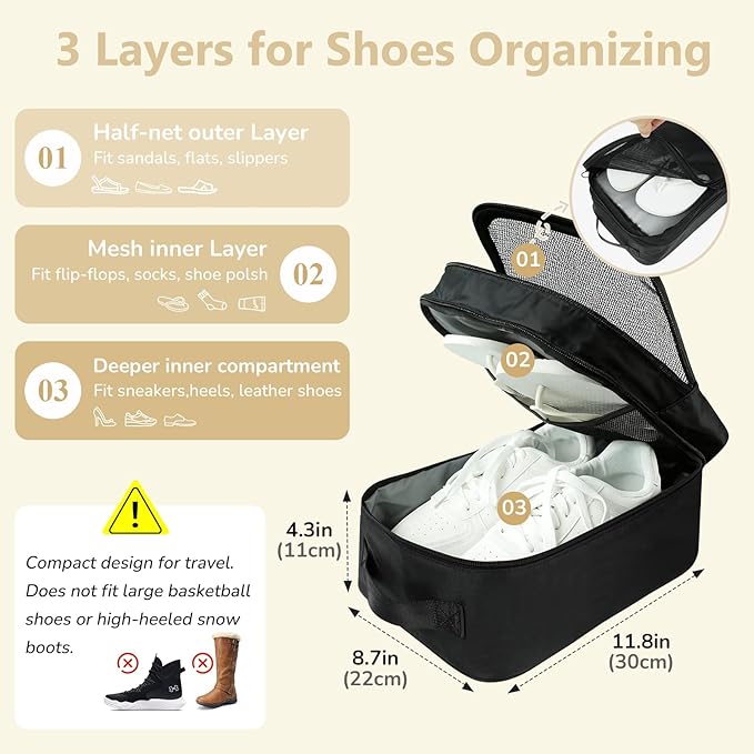 Aosbos 2 Layers Shoe Bags for Travel with Trolley Sleeve Portable Shoe Storage Pouch Shoe Packing Cubes with Structure, Black