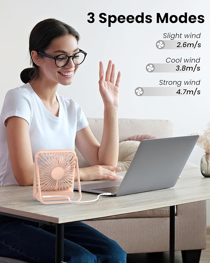 Koonie USB Desk Fan, Strong Wind Ultra Quiet Small Personal Fan with 180° Tilt Folding and 3 Speeds Adjustable, USB-C Corded Powered Mini USB Fan for Office Desktop Bedroom Pink, NO BATTERY