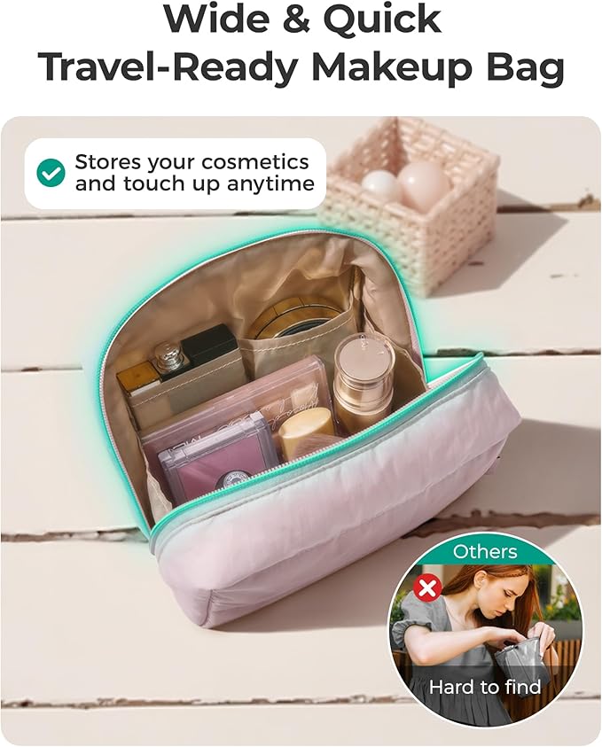 BAGSMART Puffy Makeup Bag, Wide Opening Cosmetic Bag Compact & Spacious, Water-Resistant Travel Organizer Pouches for Women (Camel)