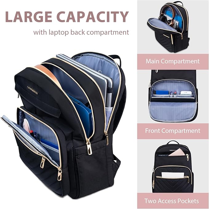 VANKEAN 17.3 Inch Laptop Backpack for Women Men Work Laptop Bag Fashion, Waterproof Backpacks Nurse Stylish Travel Bags Casual Daypacks for College, Business, Black