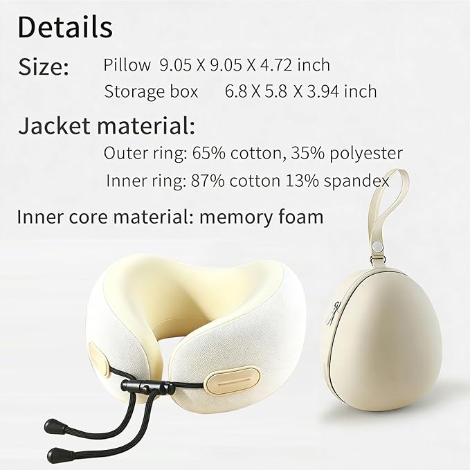 Travel Neck Pillow with Storage Case, 100% Pure Memory Foam, Airplane Head Support for Flight Sleeping, Portable, Beige