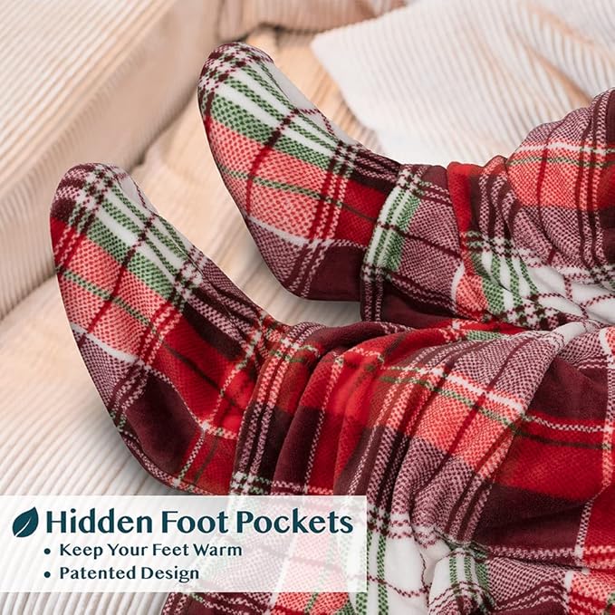 PAVILIA Fleece Blanket with Sleeves, Foot Pockets for Women Men Adults, Plush Wearable Blanket Throw Wrap, Warm Snuggle Blanket Robe, Cozy Gift Ideas Wife Mom, Christmas Plaid