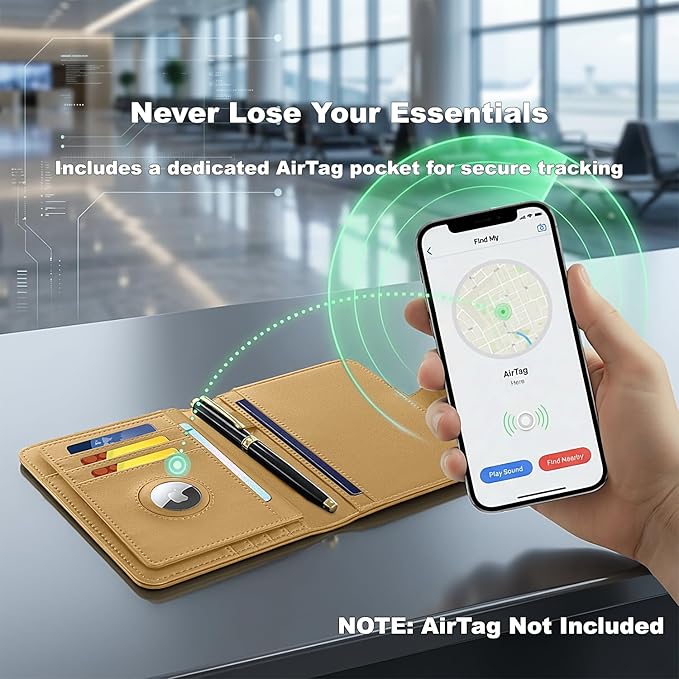 Passport Holder for Travel, RFID Blocking Leather Airtag Wallet for Women Men, Large Passport Cover Essentials Gift, Tickets, Cash, Photo, Sim Card Pen Slot, Apricot