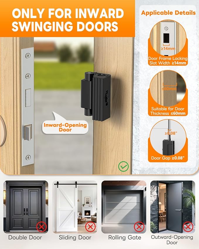 Portable Door Reinforcement Lock for Travel & Home, No Screws Instant Install Safety Lock for Inward Swing Front Door, Hotel, Apartment - Extra Latch from Inside Withstand 800lbs (Black-3PCS)