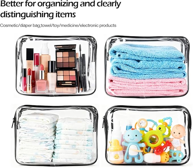 4Pack Black Clear Cosmetic Bags for Women Zipper Pouches Set PVC TSA Approved Toiletry Bag Organizers Packing Cubes