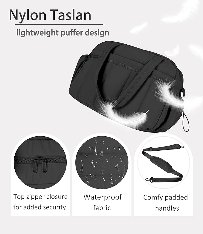 Lightweight Travel Duffle Bag for Women, Quilted Puffy Weekender with Wet Pocket for Gym, Overnight, Personal Item Carry On, Black