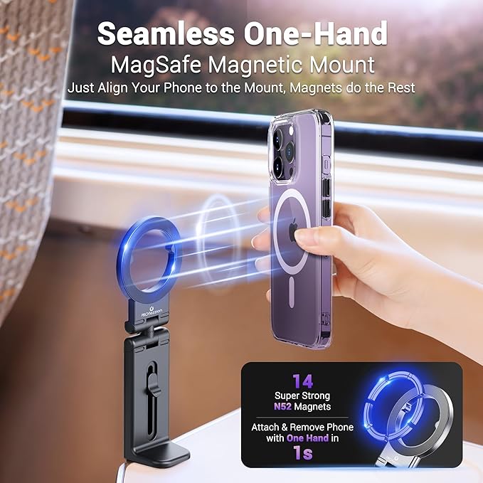 PROfezzion Magnetic Airplane Phone Holder for Mag Safe iPhone 17 16 15 14 13 12 & All Phone, 360°Rotation Travel Must Have Handsfree Phone Mount for Desk/Tray Table Travel Accessory