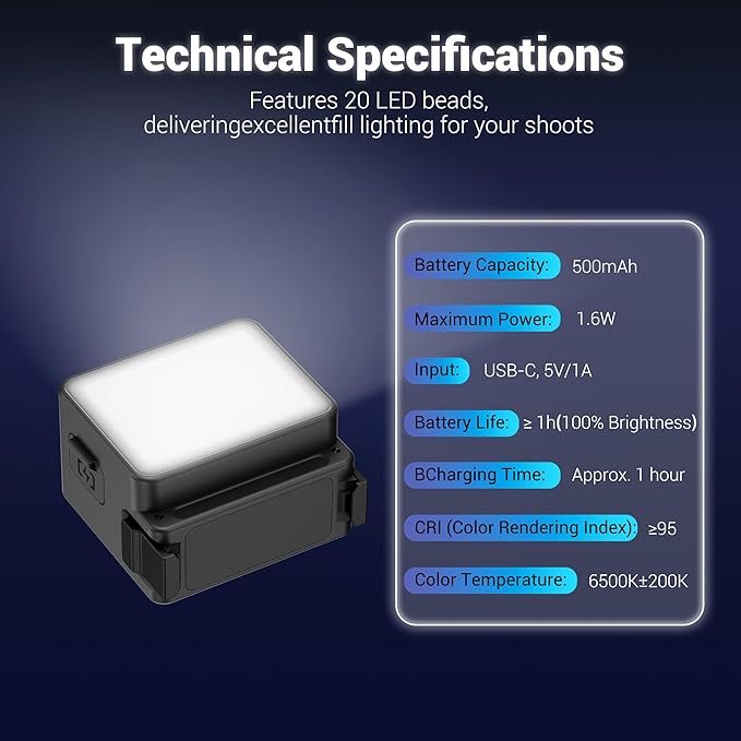 JJC Action 5 LED Light, Magnetic Auxiliary Fill Light for DJI Osmo Action 5 Pro 4 3 / Xtra Edge Pro Accessories, Rechargeable IPX5 Waterproof Mini Video Light, for Selfie Vlog Recording Lightweight
