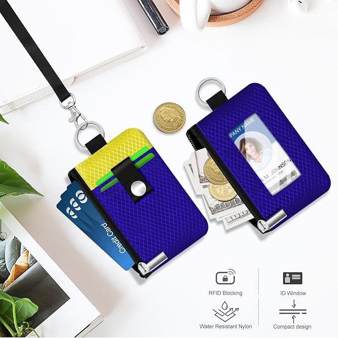 Minimalist RFID Blocking Small Wallet with ID Window,WaterResistant Zip Id Case Wallet with Lanyard Keychain for Cards,Cash,Travel,Women,Men (Sapphire Blue/Lemon Yellow)