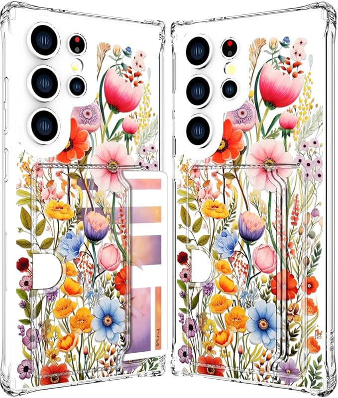 Compatible with Samsung Galaxy S24 Ultra Case Card Holder for Women Cute Design,Wallet Phone Cases Transparent Cool Kawaii Protective (Clear Flowers Lily Girly Florals)