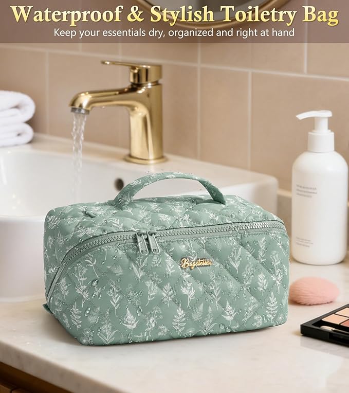 Travel Makeup Bag, 3 Pcs Large Capacity Puffy Toiletry Bag for Women, Open Flat Make up Cosmetic Organizer w/Handle & Clear Divider Water-resistant Portable Pouch Travel Essentials, L-Beige Plaid