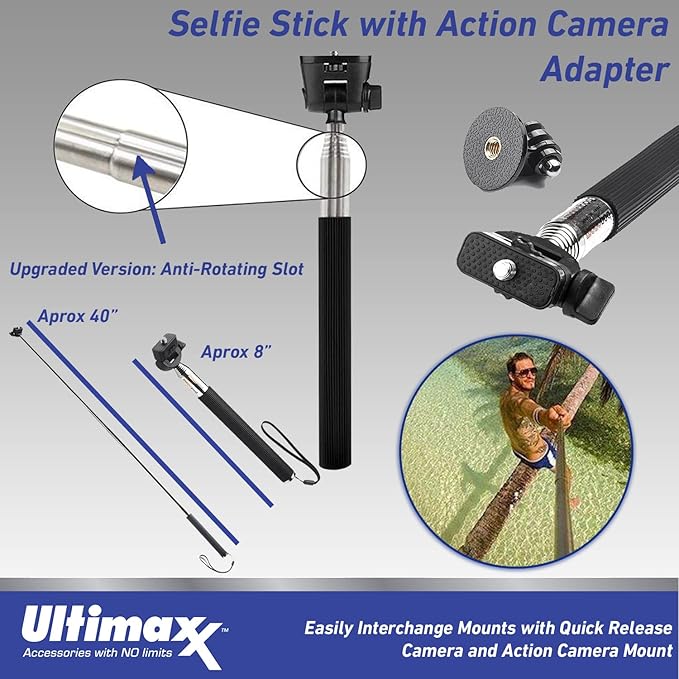 Ultimaxx GoPro HERO13 Black Action Camera Specialty Bundle - 18PC Accessory Bundle Includes: 64GB MicroSD, LED Light, Carry Case, Head and Chest Strap, Monopod, Tripod, Arm Mount for Helmet and More