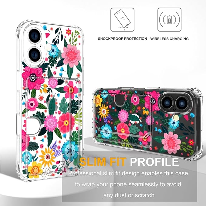 Compatible with iPhone 17 Case Card Holder for Women Cute Design,Wallet Phone Cases Transparent Cool Kawaii Protective (Clear Floral Spring Blossom)