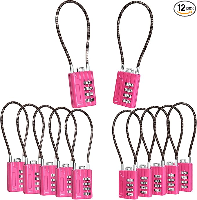 SEPOX® Resettable 4-Digit Combination Padlock, 18cm Compact Vinyl Steel Cable – Multipurpose Lock for Gym Locker, Suitcase, Mini Toolbox – Pink Gym Essentials for Women 12 Pack