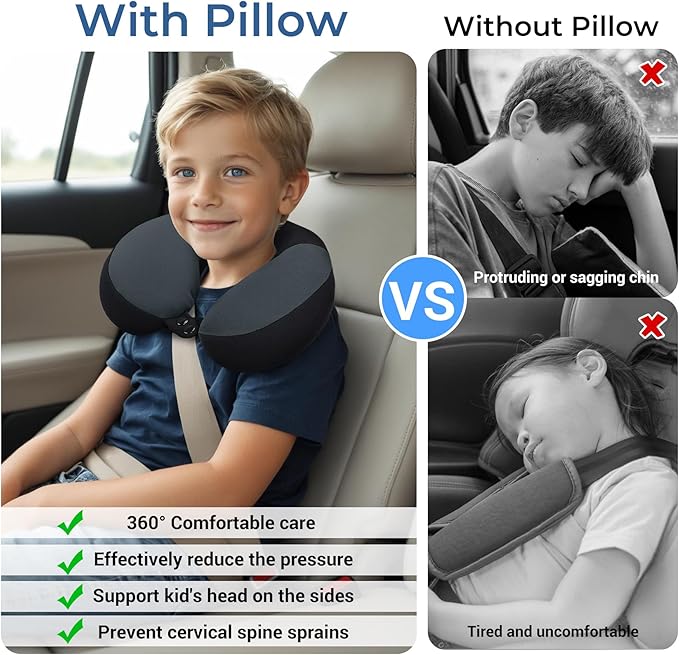 COOLBEBE Kids Travel Neck Pillow for Airplane & Car, Soft Breathable Fabric, Ergonomic Side Support for 3-12 Year Olds, Adjustable Snap Button, Travel Essential for Boys & Girls, Black & Grey