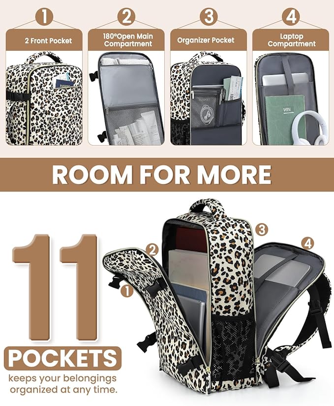 Pritent Travel Backpack for Women Man, Waterproof Laptop Backpack Travel Bag Airline Approved Carry on Weekender Overnight Bag Bookbag for Business,Travel, Work Fits 17.3 inch Laptop(Large,Leopard)