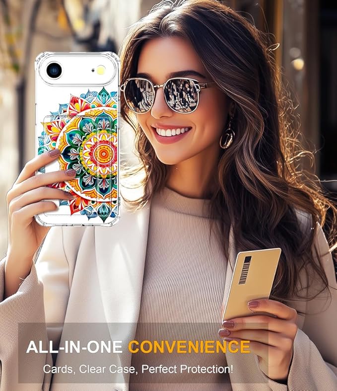 Compatible with iPhone 17 Air Case Card Holder for Women Cute Design,Wallet Phone Cases Transparent Cool Kawaii Protective (Clear Mandala Henna Flower)