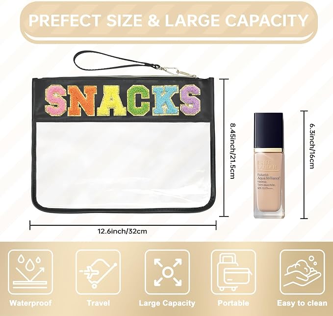 Siwara Snack Bags Clear Pouch Travel Makeup Bag Chenille Letter Bags for Zipper Pouch Clear Cosmetic Bag Clearly Tote Bag Makeup Travel Bags for Women