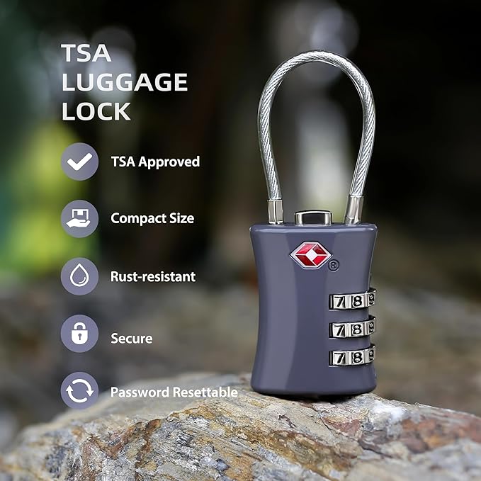 TSA Locks for Luggage, Small Combination Padlock with Cable, Luggage Locks TSA Approved for International Travel Essentials, Suitcase, Backpack Zipper, Locker, Flight Attendant Accessories