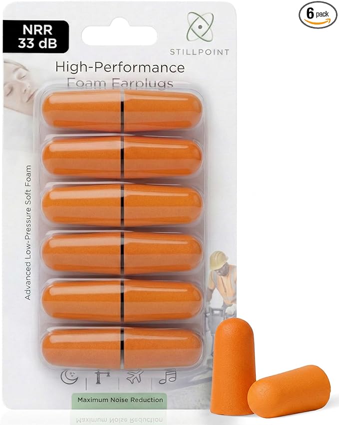 Soft Foam Earplugs, 33 dB NRR, (6 Pair 12 Ear Plugs) Maximum Protection for Sleeping; Silence Snoring, Airplanes, Airports, Power Tools, Phone Conversations, Loud Work Environments (Orange)