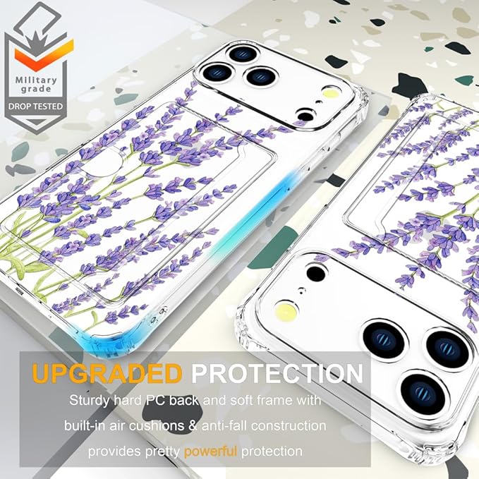 Compatible with iPhone 17 Pro Case Card Holder for Women Cute Design,Wallet Phone Cases Transparent Cool Kawaii Protective (Clear Purple Lavender)