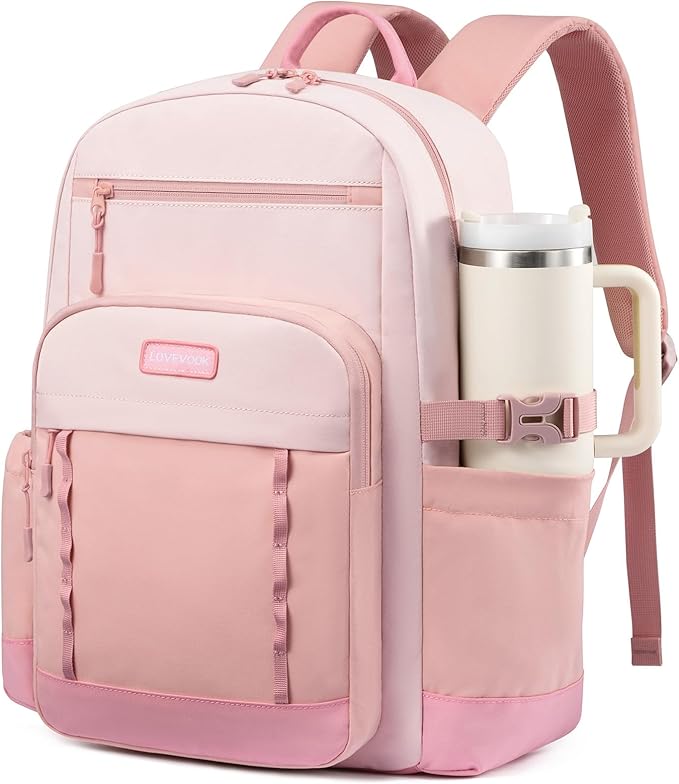 LOVEVOOK Laptop Backpack for Women with Stanley Cup Holder,15.6Inch DIY Design Travel Work Backpack Computer Laptop Bag,Waterproof Nurse Teacher College Commuter Backpack Purse,Gift for Women Men,Pink