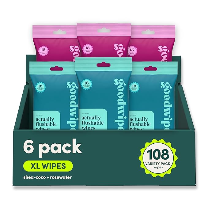 goodwipes Flushable Wipes Travel Size - Extra Large Adult Wet Wipe - On-the-Go Portable Wipes - Sewer & Septic Safe - Hygiene Essentials - Shea Coco & Rosewater, 108 Count (6 Packs)