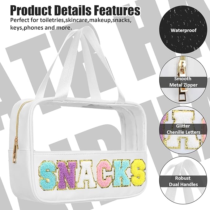 BuyCard Chenille Letter Patch Clear Travel Bags, Preppy PVC&Nylon Makeup Bag with Handle and Zipper, Waterproof Large Clear Travel Toiletry Bag Storage Bag for Women Girls