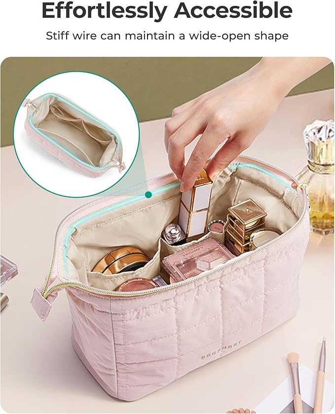 BAGSMART Makeup Bag Travel Toiletry Bag, Puffy Padded Make Up Bags for Women Makeup Organizer Case, Wide-open Pouch Purse Travel Essentials Toiletries Accessories Brushes, Blue Ditsy Floral