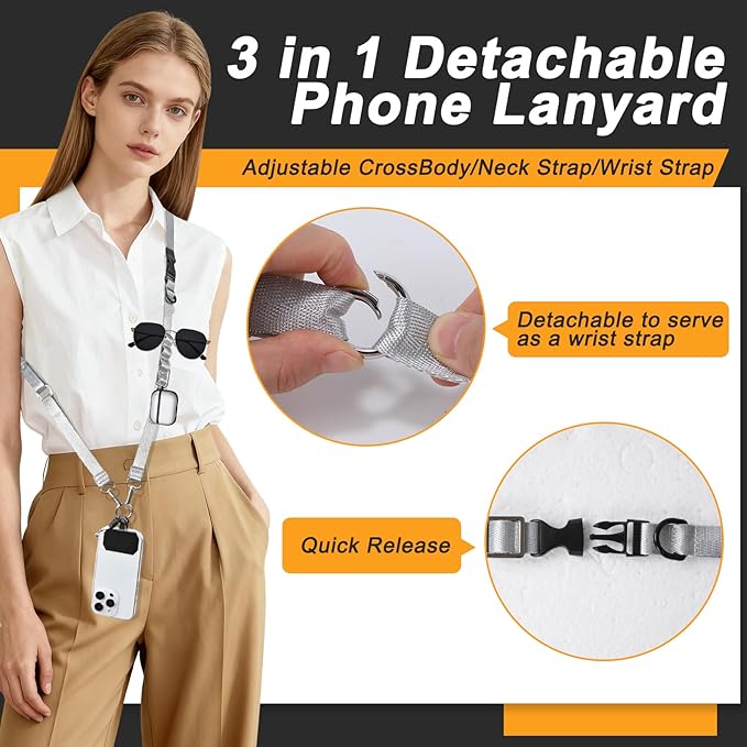 Detachable Phone Lanyard for Women Multifunctional Adjustable Phone Strap Crossbody Anti Theft with Tether Tabs for Cell Phone, ID Badge, Camera, Travel Essentials - Grey