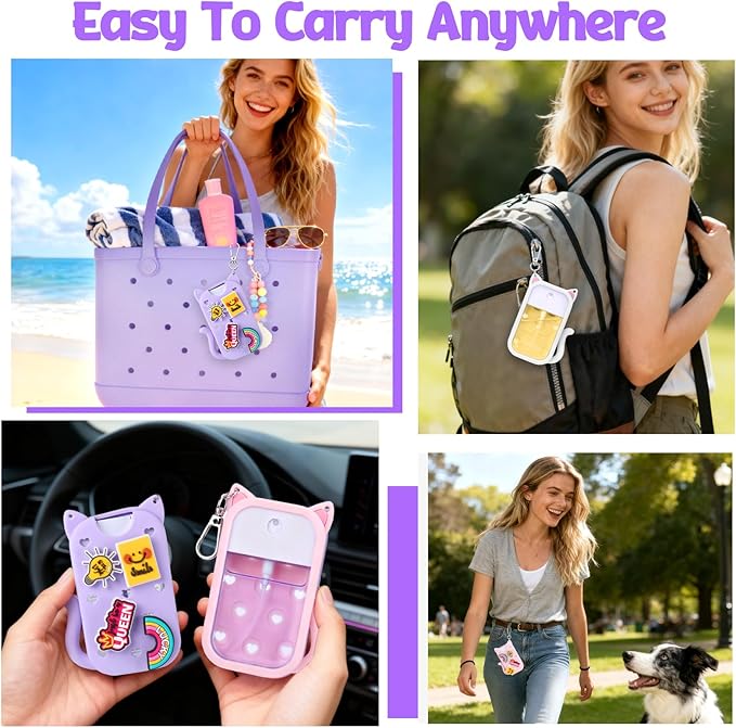 Mity rain Hand Sanitizer Spray Case Compatible With Touchland, Cute Silicone Hand Sanitizer Holder Keychain with 4 Charms, Portable Refillable Sanitizer Accessory, Gift For Women And Teens(Purple)