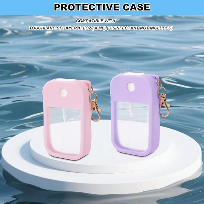 lasuroa 2pcs Hand Sanitizer Spray Case, Thickened Protective Silicone Case Compatible with Touchland Hand Sanitizer Spray with Keychain for 1 Fl Oz Portable Accessory (Pink, Purple)