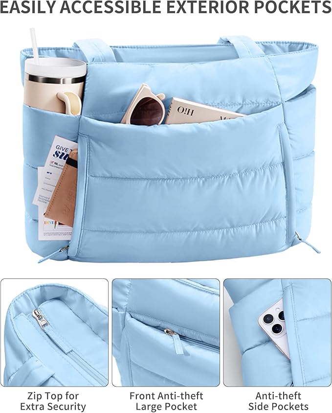 Bagstellar Puffer Tote Bag for Women, Lightweight Puffy Work Handbag Teacher Nurse Quilted Shoulder Bag for School Travel Gym | Cloud Bag w/ Zipper, Daily College Bags, 15.6" Computer Bag, Clinical Nursing Bag, 40 OZ Tumbler Holder, Ideal Gift for Women