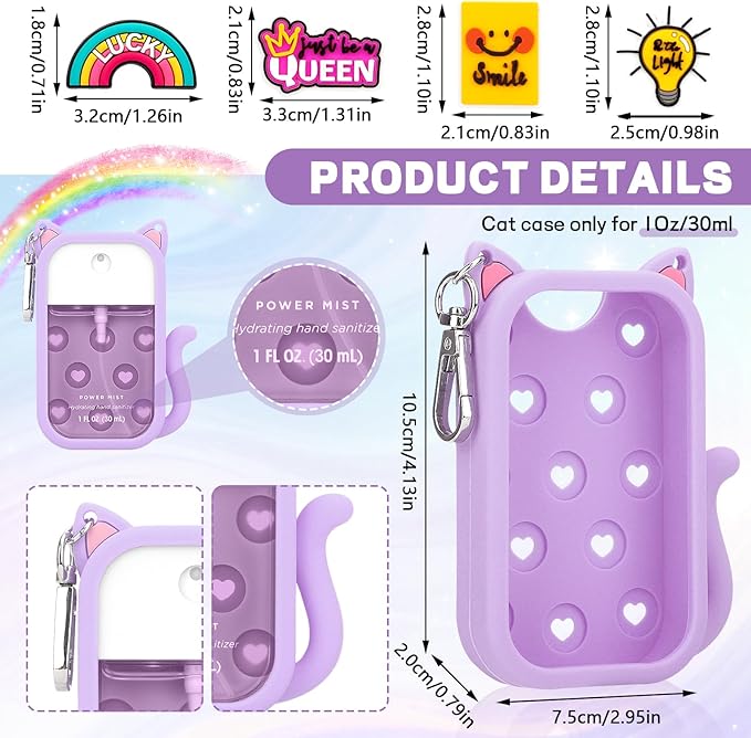 Cute Cat Silicone Case Compatible with Touchland Hand Sanitizer Spray,Portable Power Mist 1 FL OZ/30ML Sanitizer Holder for Touchland with Keychain & 4 Charms Touchland Keychain Holder(1 PCS Purple)