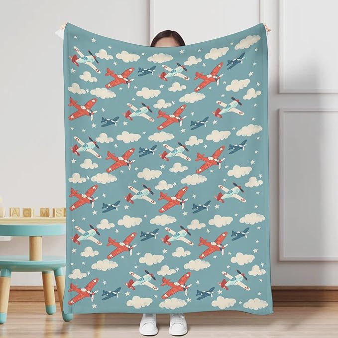 Unisex Cartoon Plane Aircraft Clouds Stars Baby Nursery Throw Gift Blanket for Boys Girls, Plane Transportation Pattern Swaddle Receiving Bed Blanket for Newborn Toddlers Kids-40x50