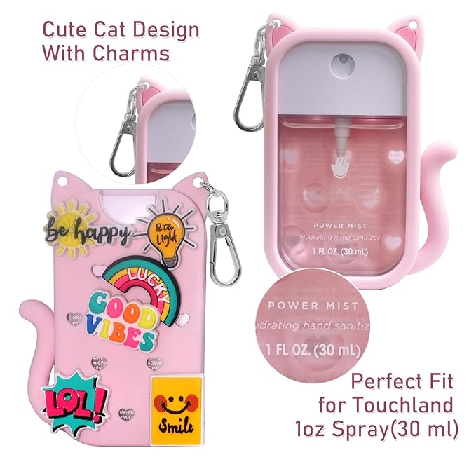 Silicone Case Compatible with Touchland Hand Sanitizer Spray 1 FL OZ/30ML,Stylish & Portable Hand Sanitizer Spray Accessory with 6 Charms Decorations & a Keychain (Pink)
