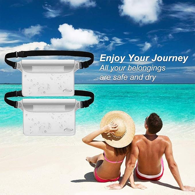AiRunTech Waterproof Pouch with Waist Strap (2 Pack) | Beach Accessories Best Way to Keep Your Phone and Valuables Safe and Dry | Perfect for Boating Swimming Snorkeling Kayaking Beach Pool Water Park