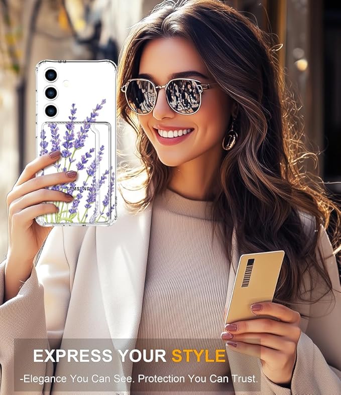Compatible with Samsung Galaxy S24 / S25 Case Card Holder for Women Cute Design,Wallet Phone Cases Transparent Cool Kawaii Protective (Clear Purple Lavender)