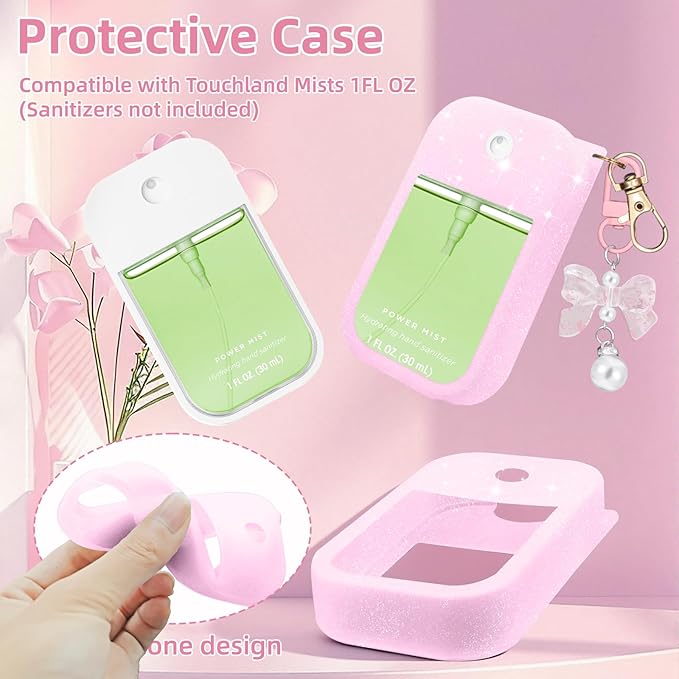 Silicone Case Compatible with Touchland Hand Sanitizer Spray Mist 1 oz with Bow Keychain