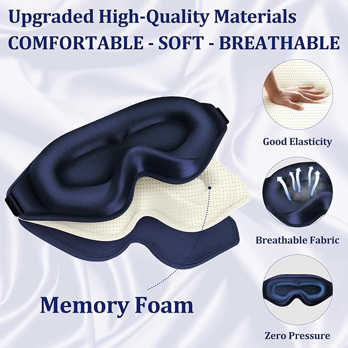 3D Deep Contoured Zero Pressure Sleep Eye Mask for Men & Women, Blackout Blindfold with Adjustable Strap for Travel, Home, Nap (Blue)