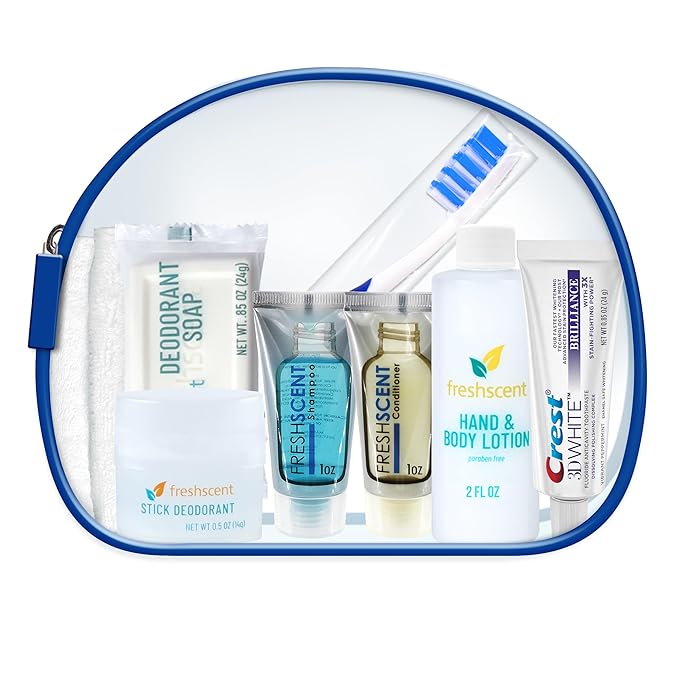 Convenience Kits International Unisex 10 Piece Hygiene Travel Kit with Shampoo, Conditioner, Lotion, Soap, Deodorant, Crest Toothpaste, Toothbrush, Cotton Washcloth (896 Kits)