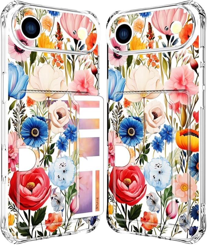 Compatible with iPhone 17 Air Case Card Holder for Women Cute Design,Wallet Phone Cases Transparent Cool Kawaii Protective (Clear Flower Art Rose Peony)