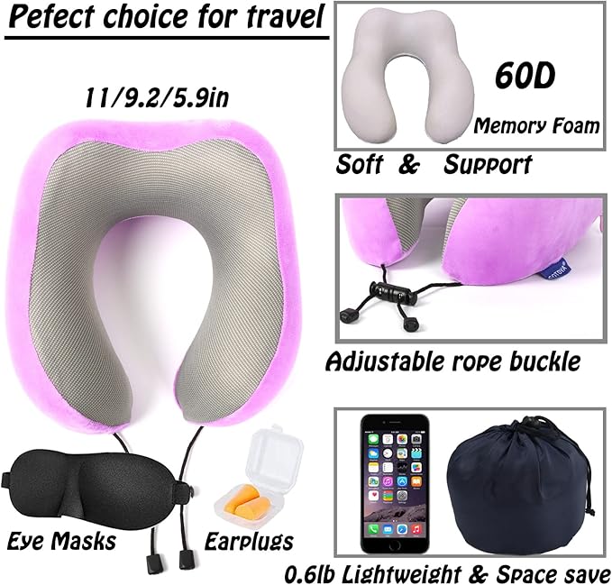 Travel Pillow,Travel Neck Pillows for Sleeping,100% Pure Memory Foam Soft Comfort & Support Pillow for Airplane/Car/Office&Home Rest Use-Violet