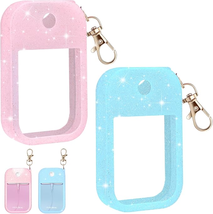Palksky Hand Sanitizer Spray Case for Touchland, Protective Case with Keychain for Power Mist and Glow Mist 1 fl oz, Glitter Sequin Pink and Blue, Travel Size