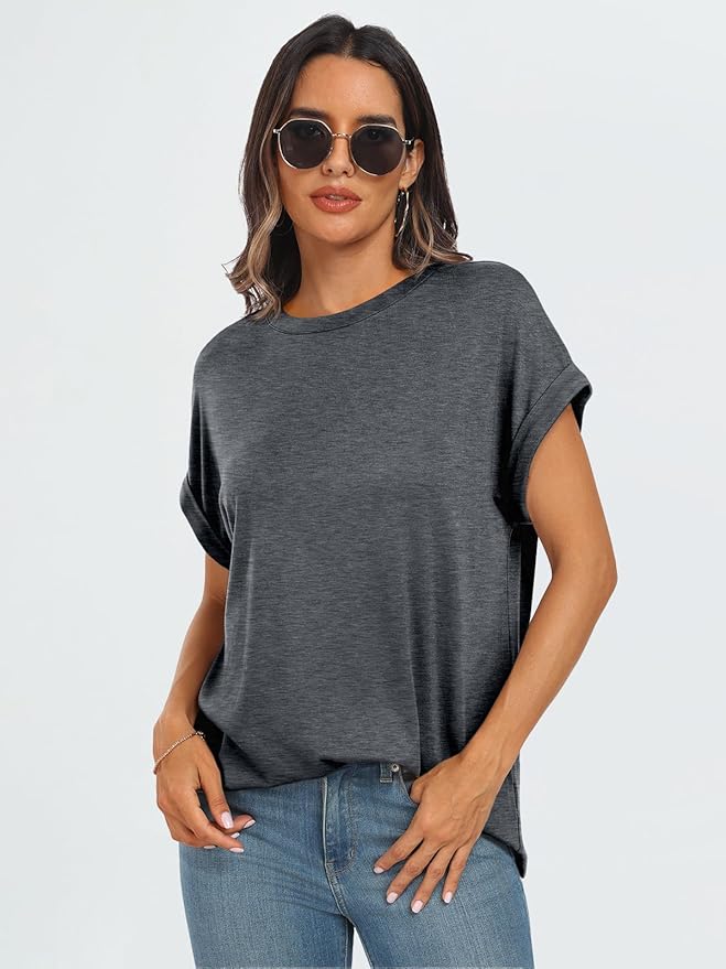 AUTOMET Women's Oversized Short Sleeve T Shirts Casual Drop Shoulder Rolled Cuff Summer Tops for Work, Travel and Lounge