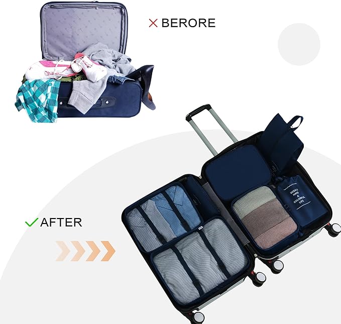 Vercord 8 Set Travel Packing Pods Luggage Organizers Cubes with Laundry Bags Accessories